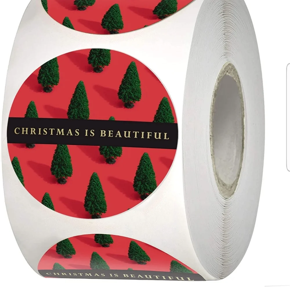 50 Stickers , Christmas is Beautiful Red Base Design with Gold Foil